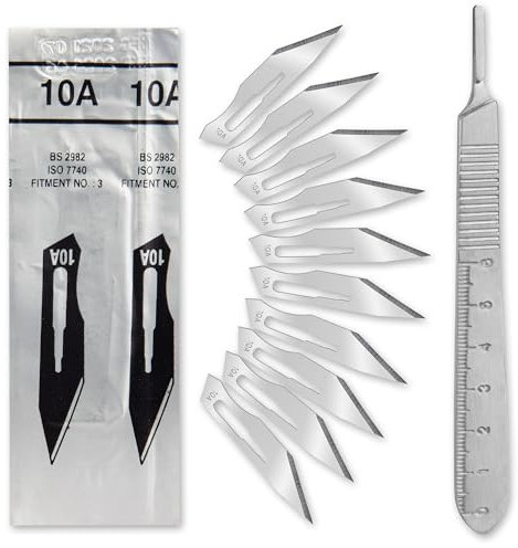 Set - 10 Stück sterile Skalpellklingen Figur 10A aus Karbonstahl - Ersatzklingen + 1 x Shehadeh - Skalpell-Halter mit 13 cm langem Griff inkl. Meßskala in cm - Edelstahl