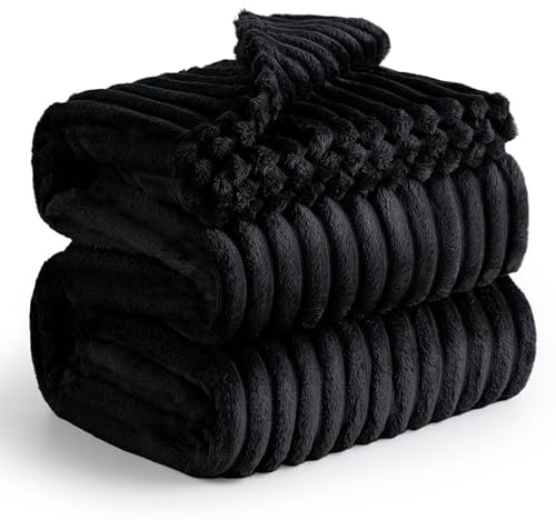 BEDSURE Kuscheldecke 220x240 Zimmer Deko - Tagesdecke, Schwarz | Geschenke für Frauen, Weich Sofadecke & Wolldecke, Warme Grobe Korddecke für Couch, Schlafzimmer & Wohnzimmer,Waschbar