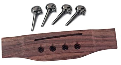 JOINPAYA 4 Strings Redwood Guitar Saddle Bridge with 4 Black Skull Pins for Acoustic Bass Guitar, Easy and Quick to Mount, Vintage Look, for DIY Repair and Upgrade