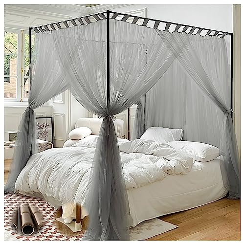 Holzmaserung, Aluminiumlegierung, 4 Ecken, Pfosten, Himmelbett, Vorhänge, Himmelbettrahmen, Pfostenstangen für Schlafzimmer, Bettnetz, Himmelrahmen für Erwachsene, elegant, Schwarz, King