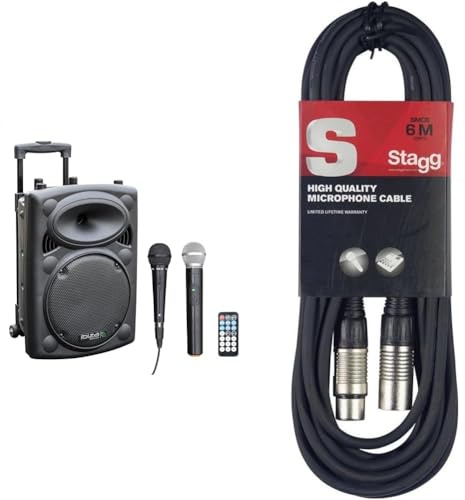 Ibiza - PORT10VHF-BT - Altoparlante portatile da 10/500W MAX con 2 microfoni & Stagg Cavo da microfono a mixer SMC6 da 6 metri XLR (m) -XLR (f), nero