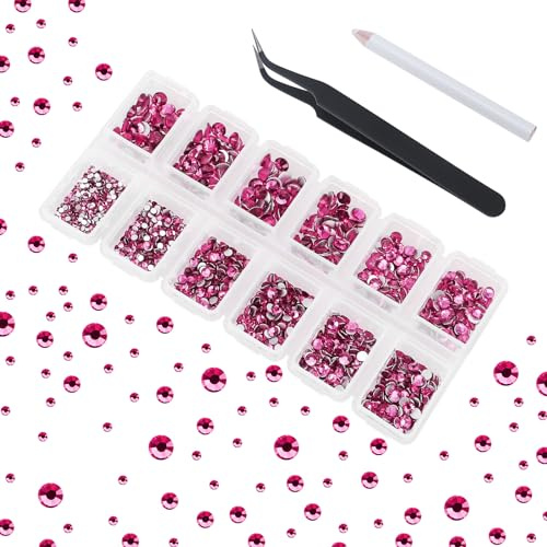 4200 Pieces Flat Back Pink Nail Art Rhinestones for Nail Art Decorations, Round Crystal Gems Stickers for Clothes and Craft, 1.5 mm - 4.8 mm, 6 Sizes