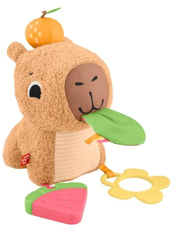 Fisher-Price Capibara Abracitos y jueguecitos Juguete sensorial de peluche con sonajero y mordedor para bebés recién nacidos a partir de 3 meses, HYR54
