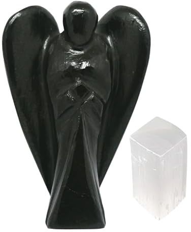 EDZZEL Figura de ángel de la guarda de cristal de turmalina negra tallada a mano, estatua de piedras preciosas de 5 cm