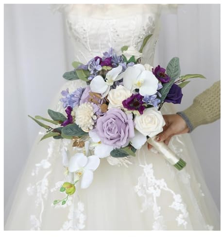 CHAKEUZND Bridal Wedding Bouquets， Artificial Rose for Bride Purple, Vintage Butterfly Orchid Bridal Bouquet, Real Touch Cascade Bouquet for French Wedding Tossing Bouquet