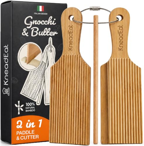 KneadEat Gnocchi Board & Butter Paddle Set - 100% Bamboo Pasta Maker Tools Kit for Authentic Gnocchi, Cavatelli, Garganelli, Cavarola - Wooden Pasta Roller & Dough Cutter