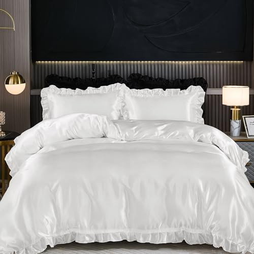 Guchuang Bedding White Silk Bedding Set Ruffle Duvet Cover Double Size 3 Pieces Luxury Smooth Microfiber Quilt Cover with 2 Pillowcases 200x200cm