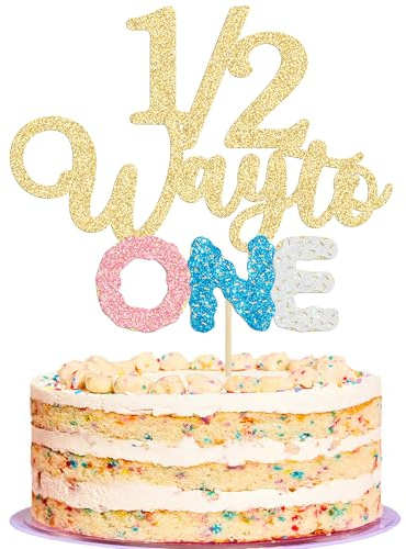Gyufise 1Pc Half Way to One Cake Topper Glitter Happy 6 Months Birthday Cake Pick 1/2 Half Birthday Cake Decoration for Baby Half Year Old Birthday Party Decorations Supplies Gold