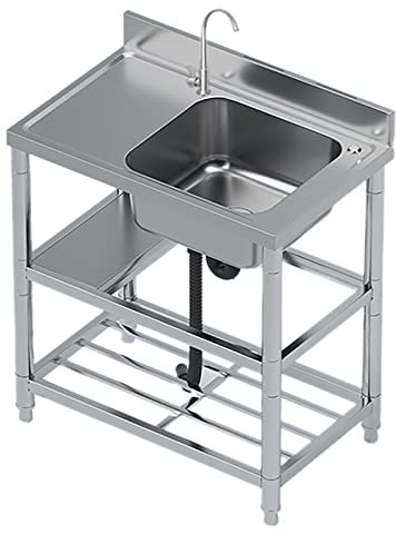 IUBGFTO Outdoor Kitchen Sink Free Standing Commercial Sink Single Bowl Unit Main Bowl Depth of 20 Cm with Drain Kit Hot Cold Water Tap for Room Garage Basement Outdoor and Indoor Tub (R2 80x50x85cm)