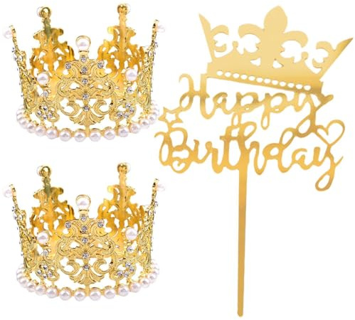 FDGGT 2 Stück Perlenkronen-Stirnbänder, 1 Stück Happy Birthday-Einsatz, Prinzessinnen-Kuchendekoration, Geburtstagsparty-Golddekoration, Kucheneinsatz