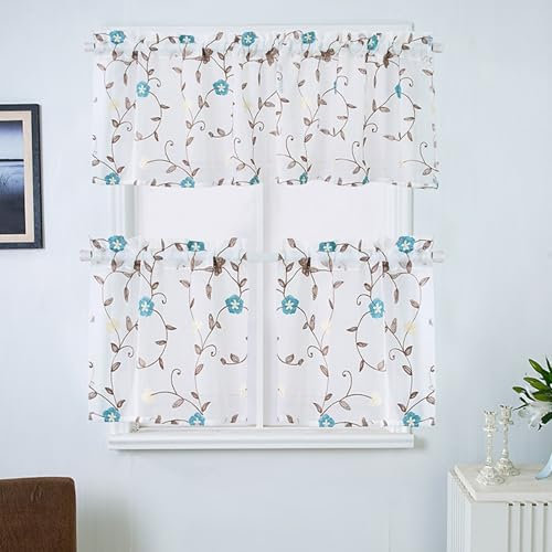 Wycian Querbehang Gardine Kurz Gardine Kurz Braun Blau Voile 1er Stickerei Blumen Blätter H41 x B130 cm (1er) Polyester