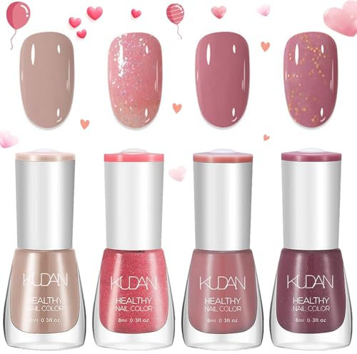 DMQ Nude Pink Nail Polish Set, 4Pcs Glitter Nail Varnish Sets, Quick Dry & Long Lasting Nude Pink Purple Nail Gel, Water Based Holographic Natural Nail Lacquer for Women DIY Nail Art - No Need Cure