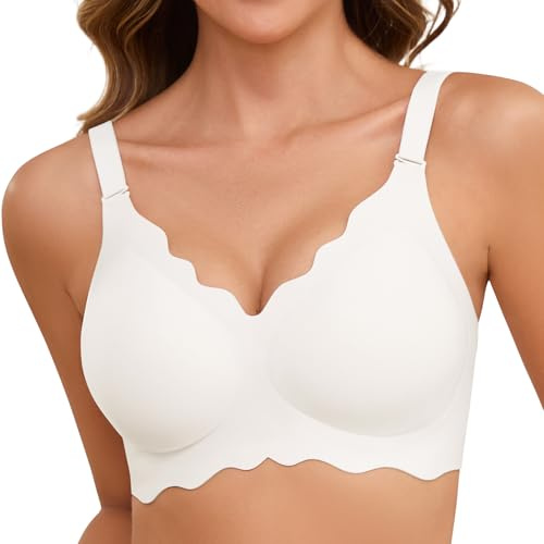 Lonya Sujetador sin Aros Mujer Push Up Sujetadores Reductores sin Costuras Cuello V Sexy Sostenes Básicos Comodos Bralette Blanco,L