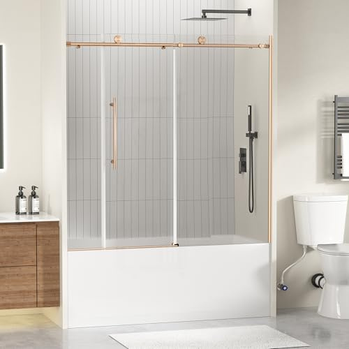 Frameless Bathtub Shower Doors 56-60 Width x 59 Height with 5/16 (8mm) Clear Tempered Glass,Silent Soft-Close Design, Brushed Red Bronze