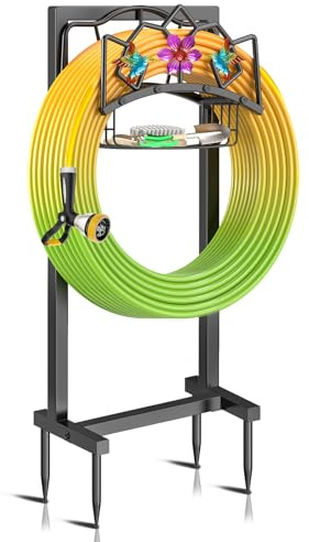 Schlauchhalter Gartenschlauchhalter Freistehend, Metall Schlauchständer Wasserschlauchhalter Mit dem Korb, Robust Frostsicher Abnehmbarer Schlauchwagen Gartenschlauch für Garage Terrasse Außenbereich
