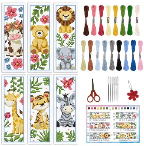 INFUNLY Kreuzstich-Lesezeichen-Set zum Selbermachen, Cartoon-Tiere, 21,6 x 9,5 cm, niedlicher Bär, Kuh, geprägt, Stickset mit Anleitung (evtl. nicht in deutscher Sprache), Pflanzenblumen, Nadelspitze