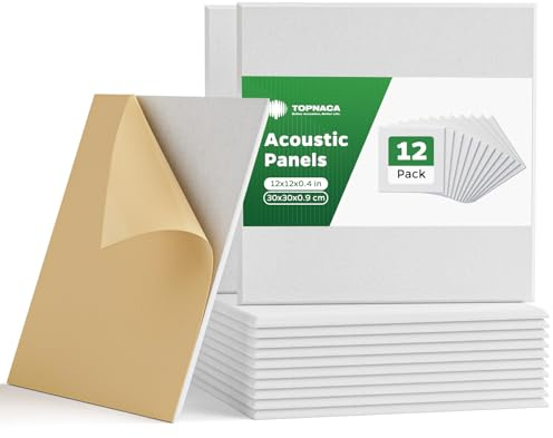 Topnaca 12 Pack Sound Proofing Panels, Square 30x30x0.9cm Self Adhesive Soundproofing Panels, High Density Acoustic Absorbing Panels for Wall, Recording Studios, Home, Office（White）