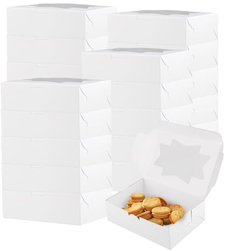 KEILEOHO 50 Stück Weiße Kuchenboxen mit Fenster, Cupcake Muffin Box mit Sichtfenster, 20,5 x 15,5 x 6,5cm Wiederverwendbar Kuchenboxen Pappe Gebäckkarton für Backwaren, Macaron, Süßigkeiten, Donuts