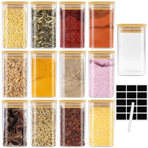 Cinnani 200ml Gewürzgläser Eckig Set luftdicht mit Holzdeckel, 12 Stück Gewürzdosen Glas Gewürzbehälter Spice Jars Set Leere Gewürzflaschen mit Etiketten, Gewürzaufbewahrung für Kräuter & Tee