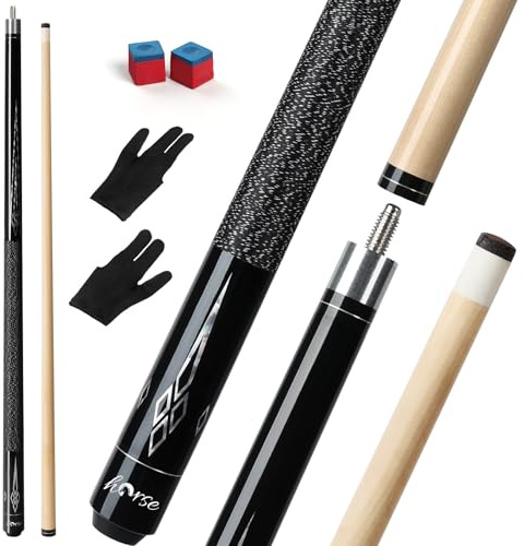 Horse Billardqueue 147cm / 58 Zoll – Pool Cue & Billiard Cue mit 13mm Lederpomeranze, Ahornholz-Schaft, Laser-Gravur Schwarz – Billard Queue für Erwachsene inkl. 2 Handschuhen & 2 Kreiden