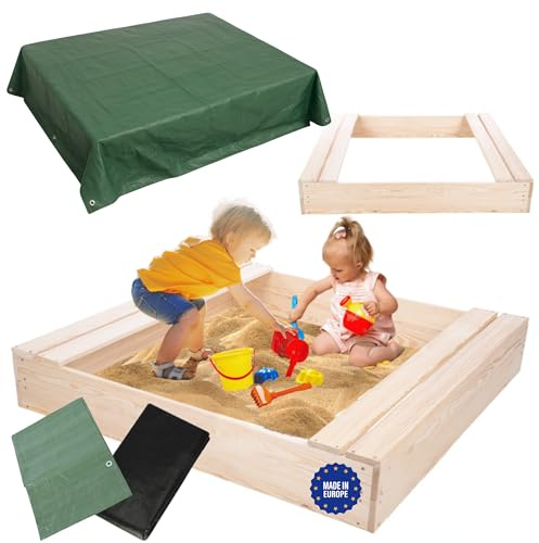 MODO24 Sandkasten mit Sitzbänken und Schutzplane, Holzsandkasten, Gartenspielzeug für Kinder, Sandkasten für Garten, Outdoor Sandkasten, Abmessungen 120x117 cm, Farbe: Naturholz (unbehandelt)