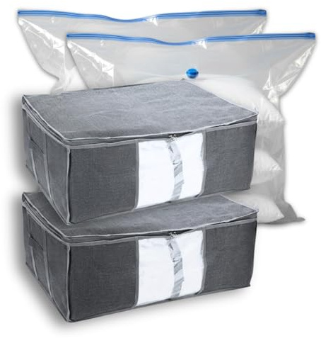 (2 pack) 67.5L XL Clothes Storage Bag with Zipper – XL Foldable Storage Box with Clear Window & Reinforced Sides – Space Saving Organiser for Bedding, Pillows, Duvets & Clothes – Vacuum Storage Bag