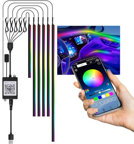 Bellanny Auto LED Innenbeleuchtung, 6 IN 1 RGB Streifen, USB Lichtleiste mit Fernbedienung, Ambientebeleuchtung,Stimmungslicht, 35/75/110cm Wasserdicht APP Steuerbare Mehrfarbig Musik Atmosphäre Licht