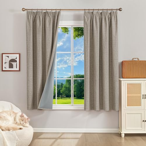Runyéla 100% Rideau Occultant Thermiques Isolant Anti Froid, 2x140x160(LxH) Rideaux Lin Opaque avec Galon Fronceur pour Rail de Salon Chambre Masion Anti Chaleur Bruit
