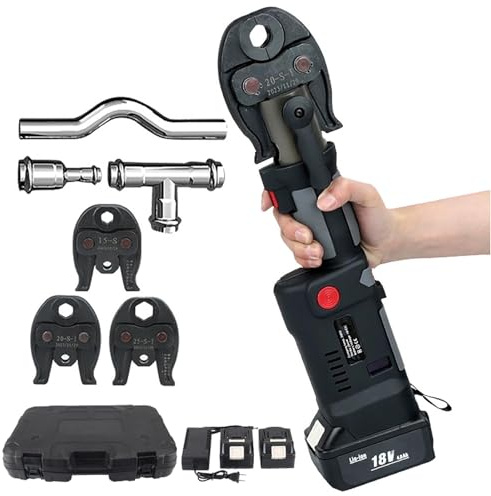 3-Second Hydraulic Pipe Crimper - Battery-Powered Cordless Press Tool w/ 3 Jaws + 2 Batteries | Portable Plumbing Kit