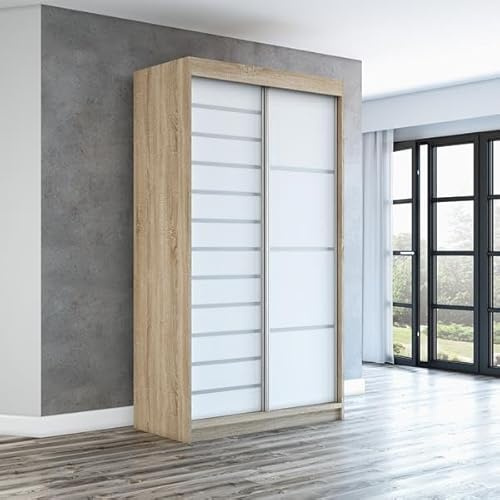 A&J MöbelLand Schwebetürenschrank Colin Kleiderschrank 120 cm mit Spiegel, 6 Regalen & 1 Kleiderstange (Sonoma/Weiß/Weiß)