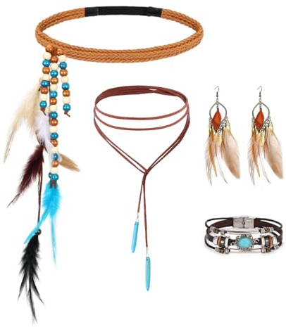 HUKUMA Boho-Kopfschmuck Damen, Hippie Schmuck Accessoires, Vintage Boho Stirnband mit Federn, Haarband Ohrringe Lederhalskette Leder-Armband,für Karneval, Fasching, Hippie Schmuck
