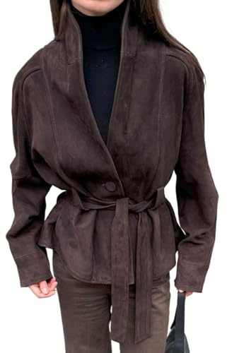 Yancremio Moda Retrò Da Donna Classico Risvolto Bottone Camoscio Giacca A Maniche Lunghe Primavera E Autunno Elegante Business Casual Cappotto Corto Con Cintura (Marrone,S)