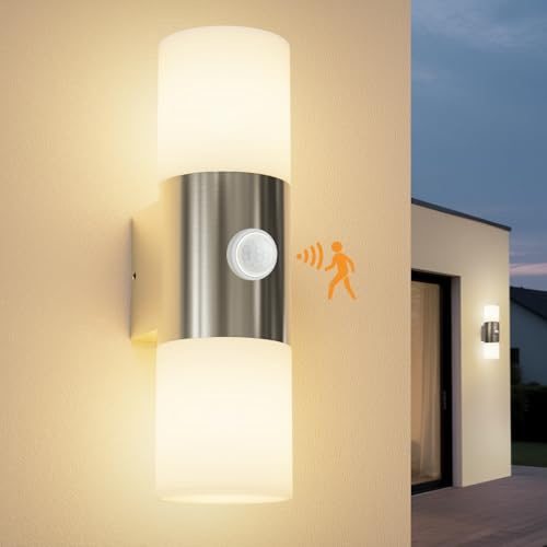 Allesgute Aussenlampe mit Bewegungsmelder, Moderne Außenleuchte E27 Edelstahl, IP65 Wandleuchte Außen Up Down, Aluminium & PC Wandlampe Aussen für Haustür, Garage, Terrasse (Ohne Leuchtmittel)
