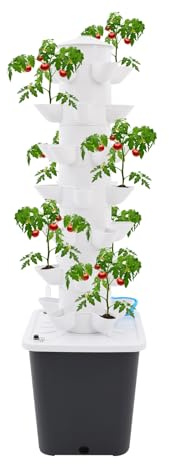Hydrokultur-Turm 7-stöckig mit Automatischer Bewässerung, 35 Pflanzlöcher für Gemüse/Kräuter 90-95%, Wassereinsparung, Platzsparendes Vertical Gardening Design für Küche, Balkon und Büro (Weiß+Grau)