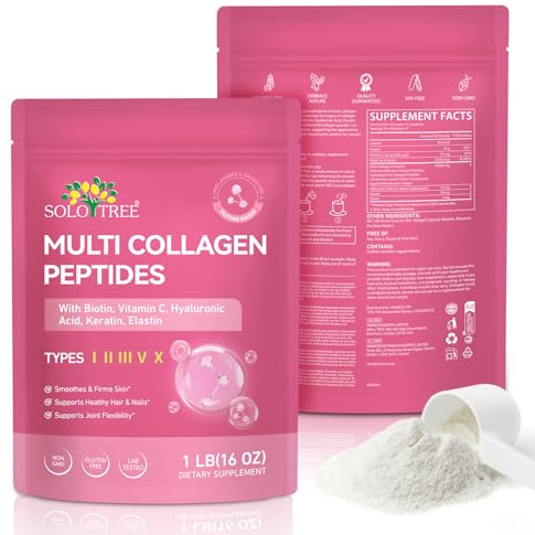 Multi Collagen Peptides Powder, 1 lb Unflavored Hydrolyzed Collagen Types I, II, III, V & X with Biotin, Hyaluronic Acid & Vitamin C – Keto & Paleo Friendly, Non-GMO