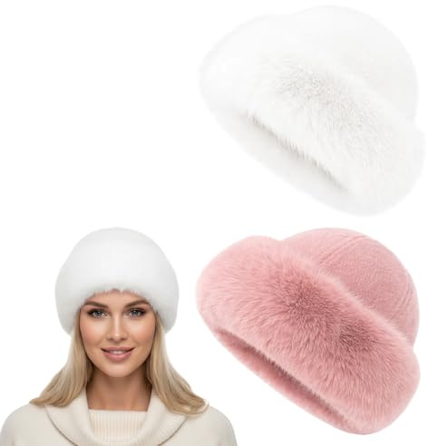 PjuQow Fellmütze Damen, Pelzmütze, 2 Stück Set in Weiß und Rosa, Warme Kopfbedeckung für Damen, Stilvolle Wintermütze