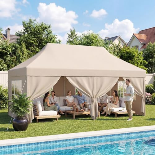 DEVOKO Hochgewölbter Faltpavillon, Geräumiges mit Entwässerung, Pavillon 3x6 wasserdicht stabil Winterfest, pop up pavillons mit Seitenwänden, UV-Schutz 50+, Partyzelt für Gärten Camping. Beige