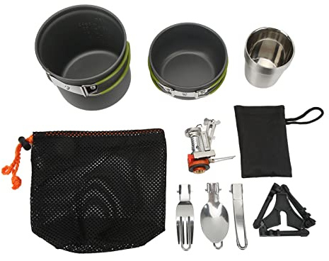 Juego de utensilios de cocina para acampar, juego de cocina portátil para exteriores con olla y tenedor-cuchara plegables, estufa de picnic multifuncional para mochilismo, senderis