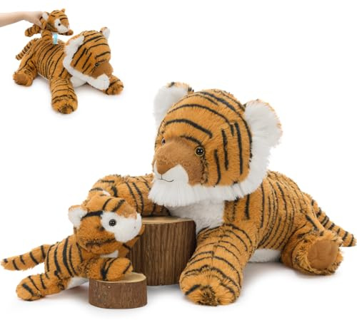 MorisMos Big Tiger Teddy Soft Toy with Magnet, 45cm Mom with One Baby inside, Realistic Tiger Stuffed Forest Wild Zoo Animal Plush Cuddly, Gifts for Kids Birthday Christmas