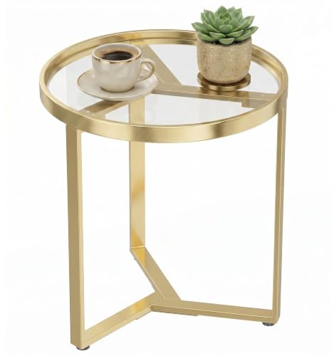 HOMCOM Round Side Table with Tempered Glass Top for Small Space Gold Tone