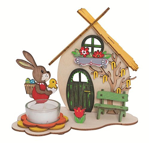 Drechslerei Kuhnert Hobaku Bastelset - Teelichthalter/Kerzenhalter - Motiv: Osterhaus - Dekoration aus Holz zum Zusammenbauen - Maße: ca. 16 x 11 x 15 cm - Made in Germany