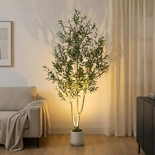 BOUNTIFUL BOUGHS 7FT Artificial Olive Tree with White Pot, Moss & USB LED - Realistic Fake Indoor Potted Plant for Home, Bedroom, Office & Living Room Decor