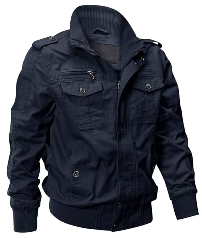 EKLENTSON Men's Fall Cotton Casual Windbreaker Military Winter Coat Bomber Cargo Jackets Outdoor Pilot Jacket Navy Blue M