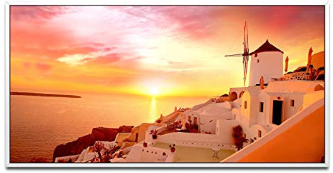 Santorini Stadt Landschaft ca. 130x70cm Wandbild inklusive Schattenfugenrahmen weiss - Panorama Leinwand Bild XXL Format Wandbilder Wohnzimmer Wohnung Deko Kunstdrucke