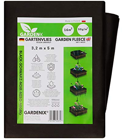 GARDENIX 16m² Reißfestes Gartenvlies Unkrautvlies Wasserdurchlässig 50g/m² -Schwarz Unkraut Folie 3.2m x 5m - Vlies Hochbeet, Unkrautschutzfolie, Flies Gartenflies Gartenfolie Beetfolie Pflanzfolie