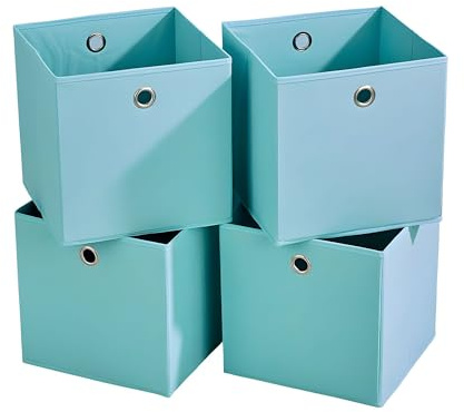 Home Source Cube Storage Boxes, Collapsible Fabric Storage Baskets, Foldable Canvas Organising Boxes, 4 Piece, Aqua Blue
