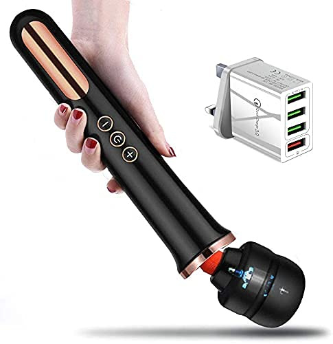 Honey Jungle Rechargeable Wireless Vibrator Wand Massager (5X Speeds 10x Modes Quiet Operation) inc Quick 4X USB Wall Charger Discreet Packaging (Black/Gold)