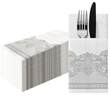 PAW Stoffähnliche Besteckservietten 1/8-Falz, 25 Stück - Silberspitze | Fertig gefaltete Bestecktasche zum schnellen Eindecken, aus Airlaid-Material, reißfest, für Hochzeit, Kommunion und Taufe