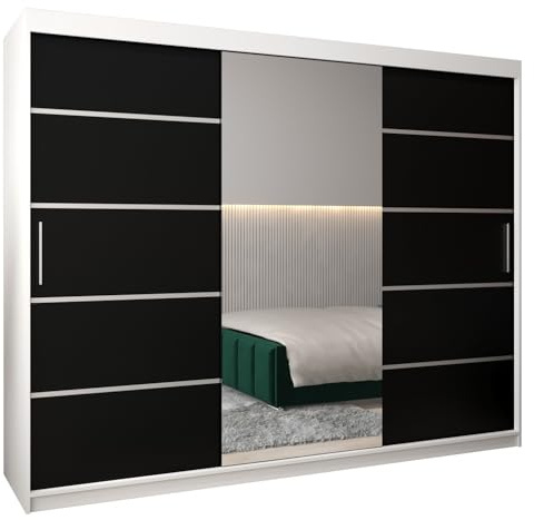 MEBLE KRYSPOL Kleiderschrank mit Spiegel Verona 2 - Garderobenschrank - Schrank Schlafzimmer - Mehrzweckschrank DREI Schiebetüren - Regalen - Flur Möbel - Kleiderstange Schrank - Allzweckschrank