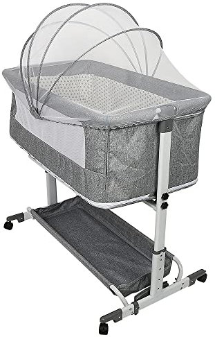 HUOLE Beistellbett Baby, 2 in 1 Babybett und Babywiege, Kinderbett mit Rollen, Moskitonetz, Lagerungstasche und Matratze, Höhenverstellbar Struktur aus Aluminiumlegierung, 113 * 66 * 84cm-grau